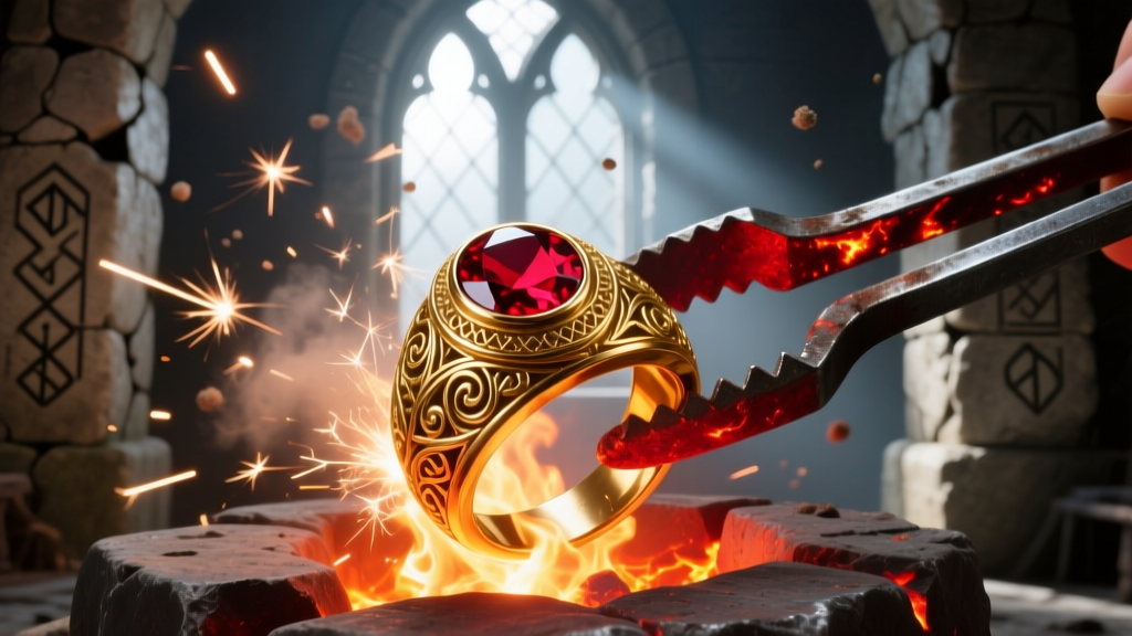 Close-up of a gold ring with a glowing red ruby pulled from a stone furnace with iron tongs, sparks flying in a fantasy setting.