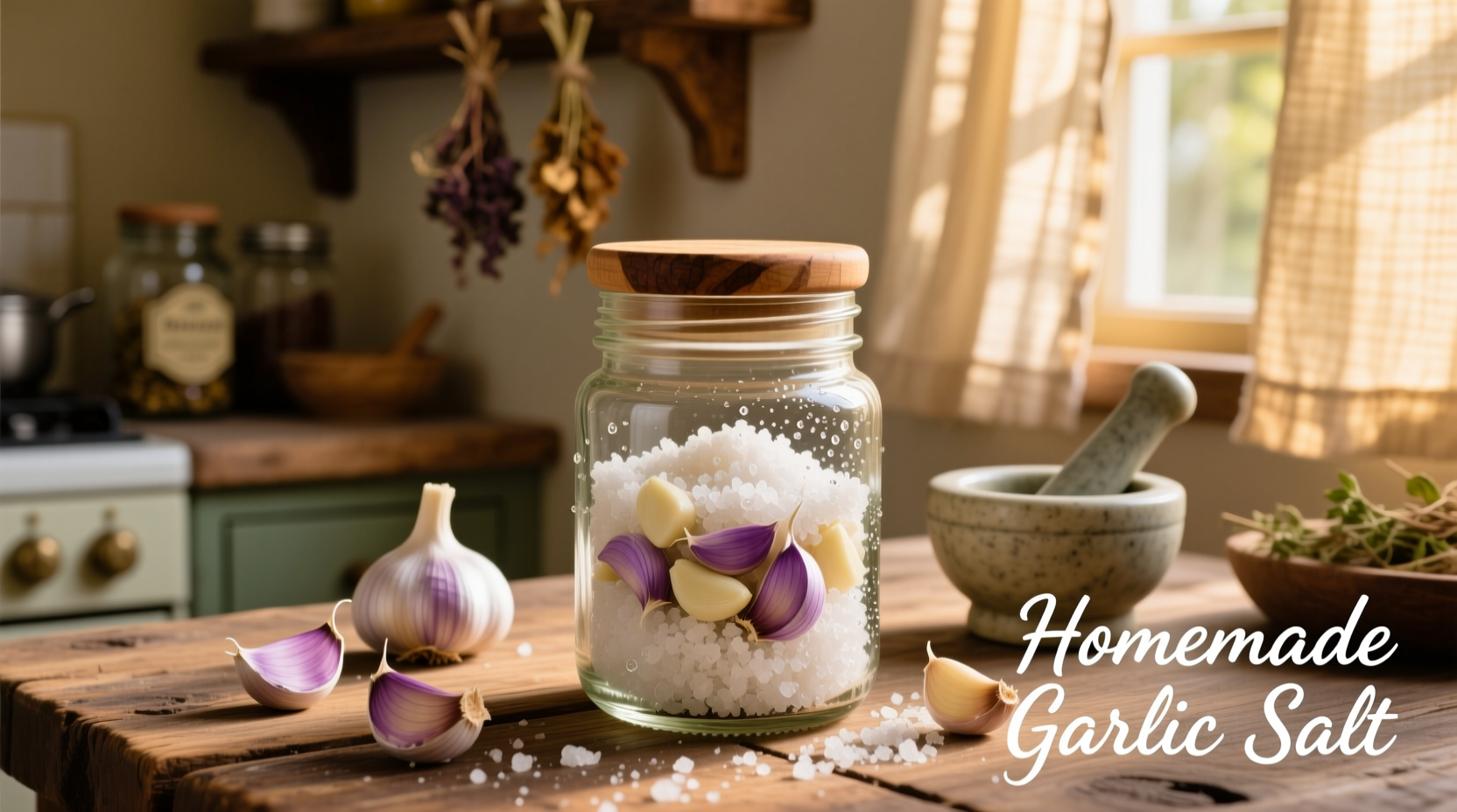 Homemade garlic salt in glass jar with fresh garlic