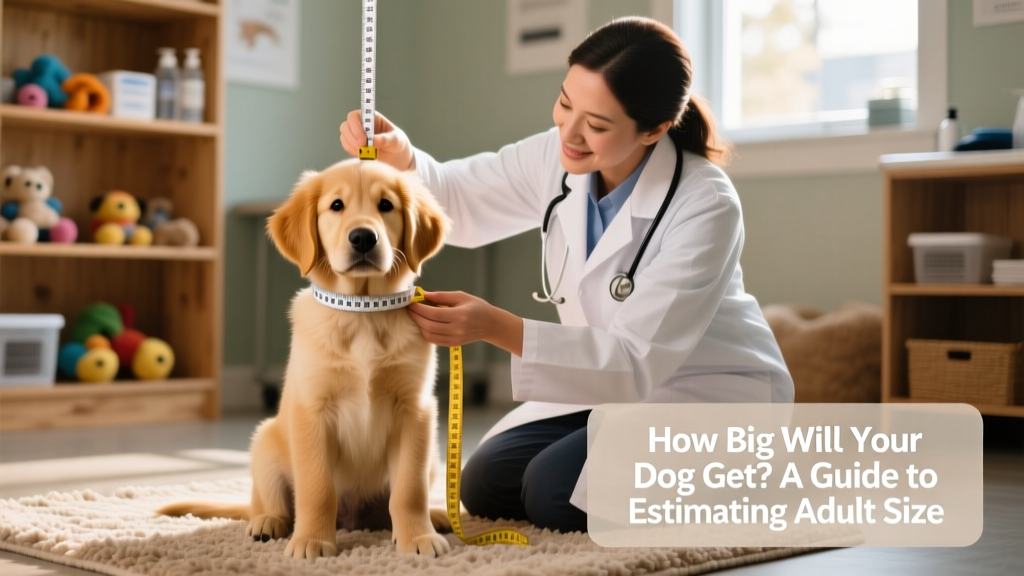 A veterinarian gently measuring a puppy’s shoulder height with a tape measure while the puppy sits calmly