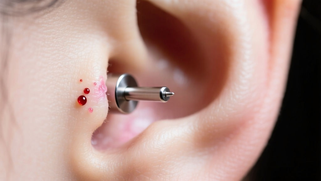 Macro shot of a fresh 18-gauge earlobe piercing with a flat-back titanium labret stud, under soft clinical lighting on bare skin