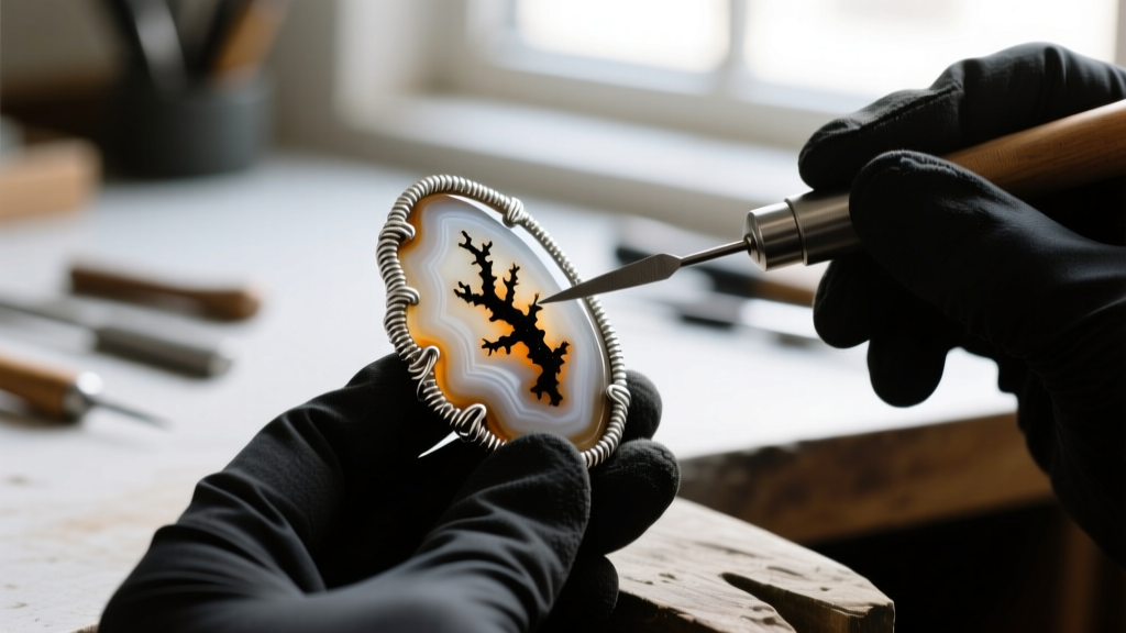 Jeweler using a bezel roller and burnisher to secure 20-gauge fine silver wire around an uneven, polished dendritic agate cabochon.