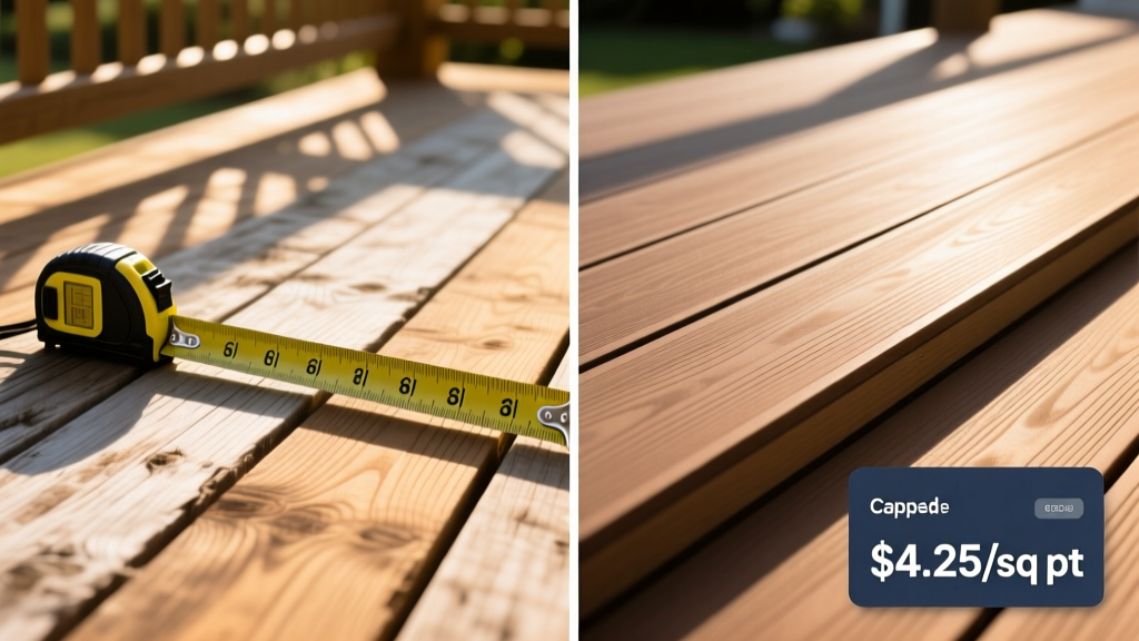 Split-screen comparison of pressure-treated wood decking and capped composite decking boards with measuring tape and cost calculator on a sunny outdoor patio