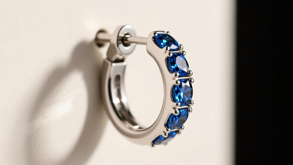 Side view of a 16-gauge silver and blue zircon huggie hoop on a helix piercing, showing the secure clicker closure mechanism.