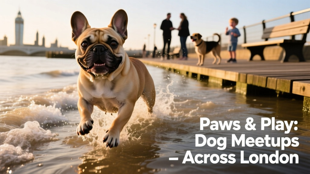 A French Bulldog playfully splashing in shallow water at a London beach