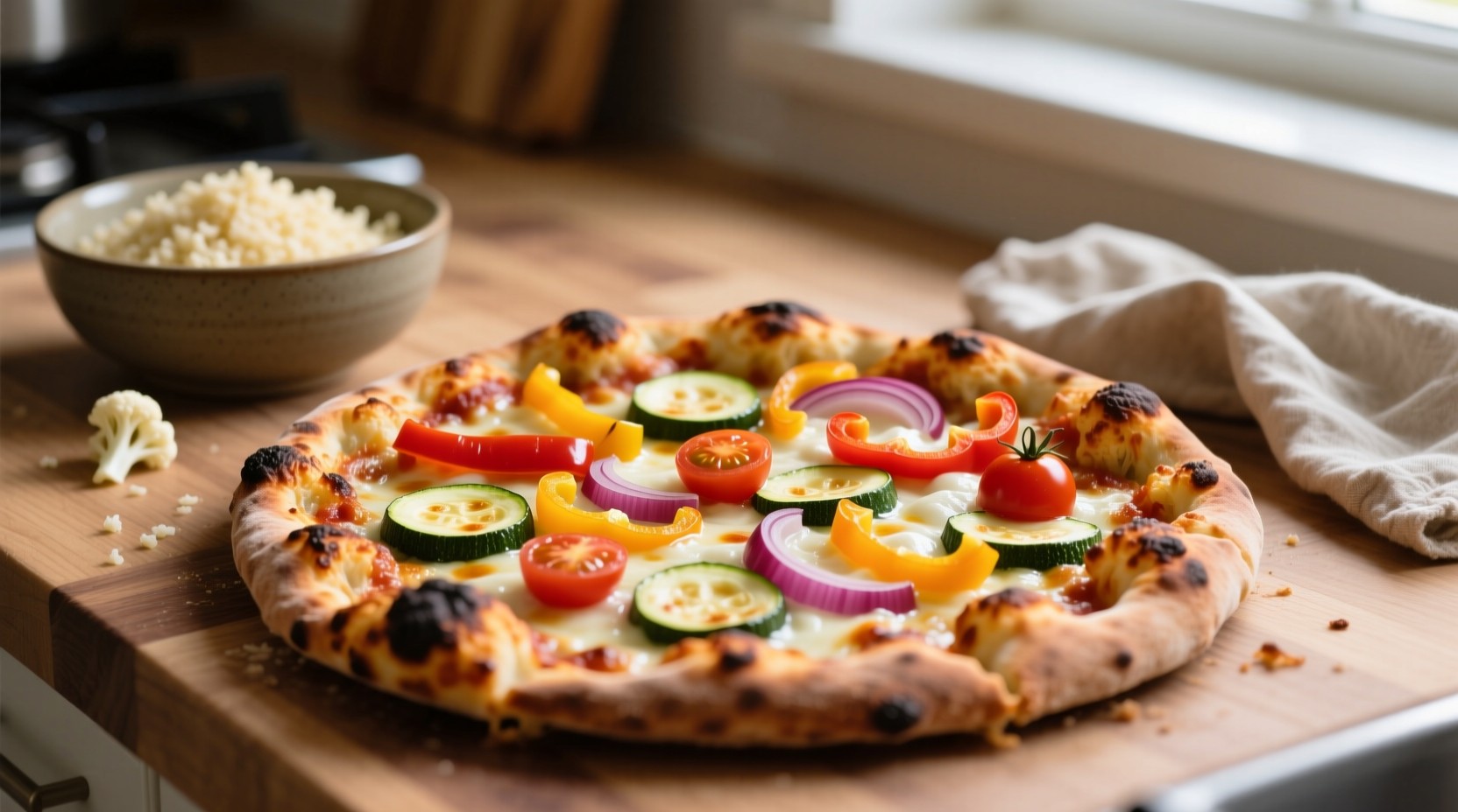 Homemade cauliflower pizza crust with vegetables