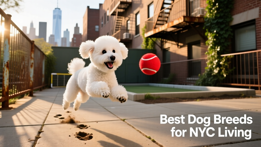 A fluffy white Bichon Frise playing fetch in a small urban dog run with a fire escape visible in the background