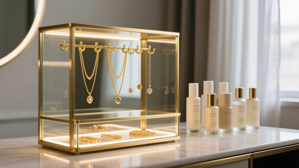 Dust-proof glass and brass makeup and jewelry organizer with LED lighting, showing hanging gold necklaces and skincare bottles.
