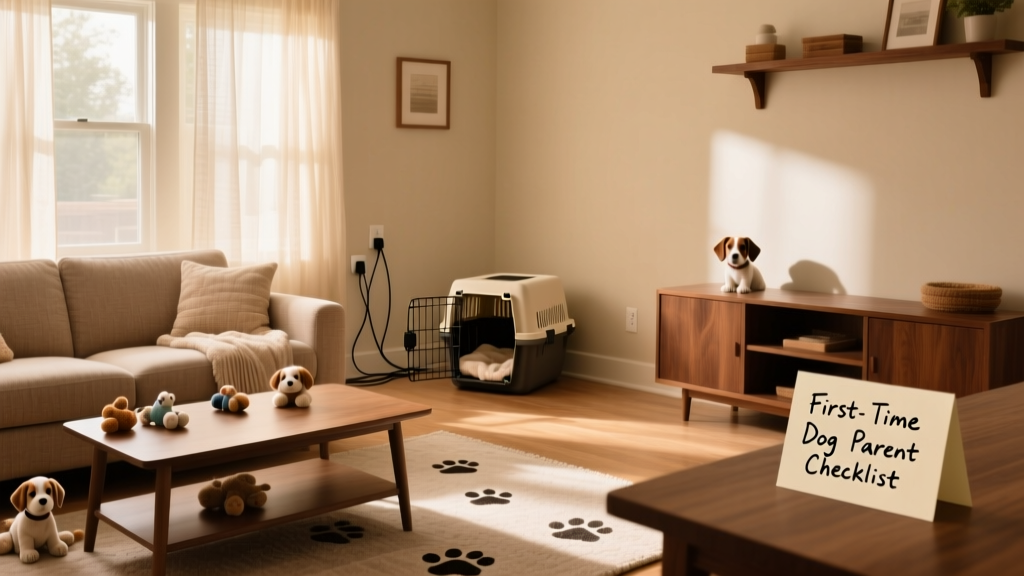 A tidy living room with secured cords, puppy-safe toys, and a cozy crate in the corner
