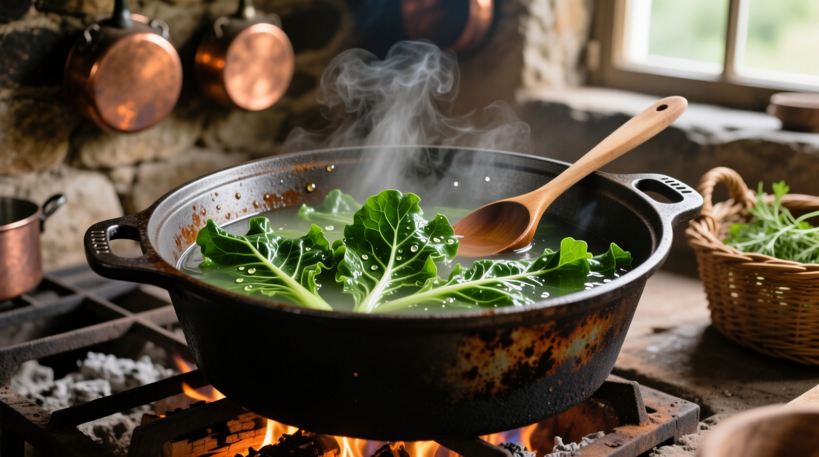 Fresh collard greens cooking in a cast iron pot