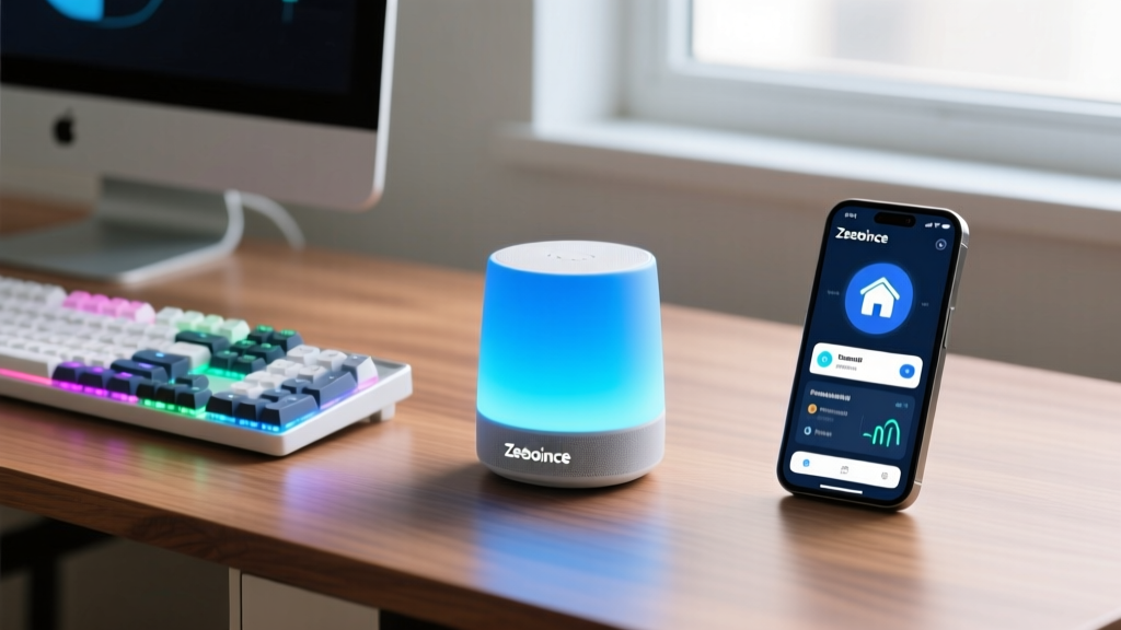 Zeeboince Mini Ocean smart hub glowing blue on a desk next to a mechanical keyboard and a smartphone showing local automation routines