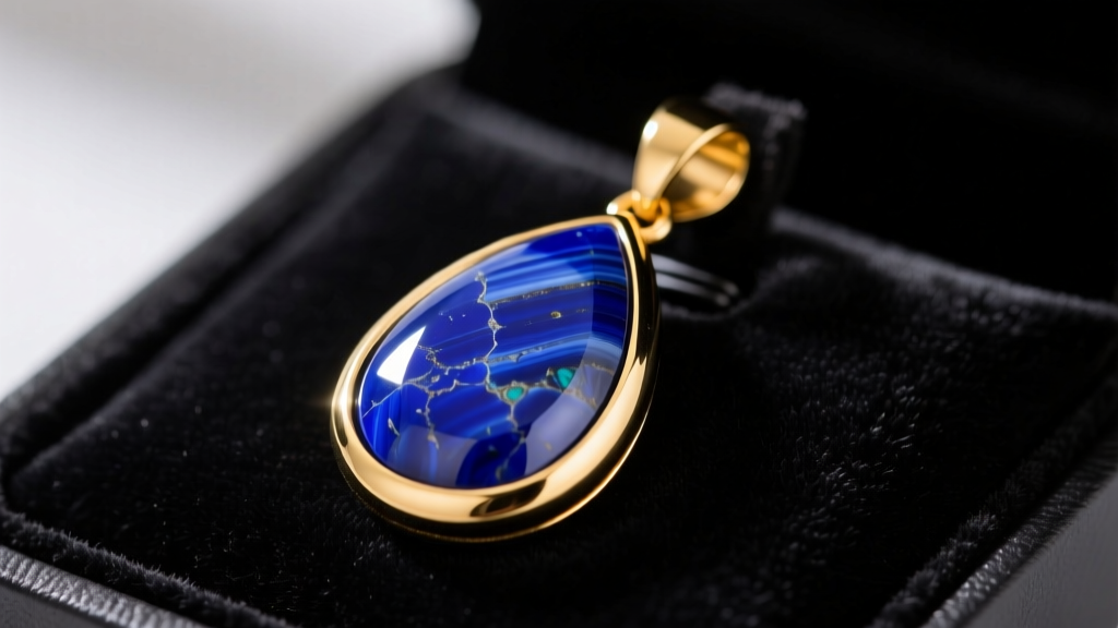 Close-up of a high-grade Afghan lapis lazuli teardrop pendant set in 14k yellow gold resting on a dark velvet jewelry display pad