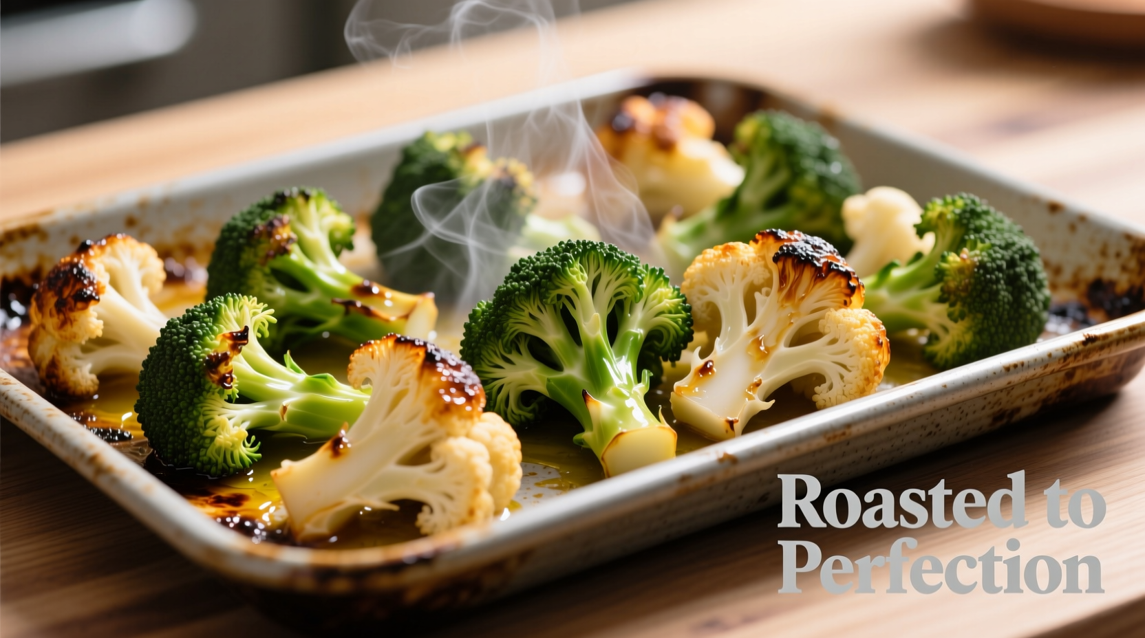 Perfectly roasted broccoli and cauliflower on baking sheet