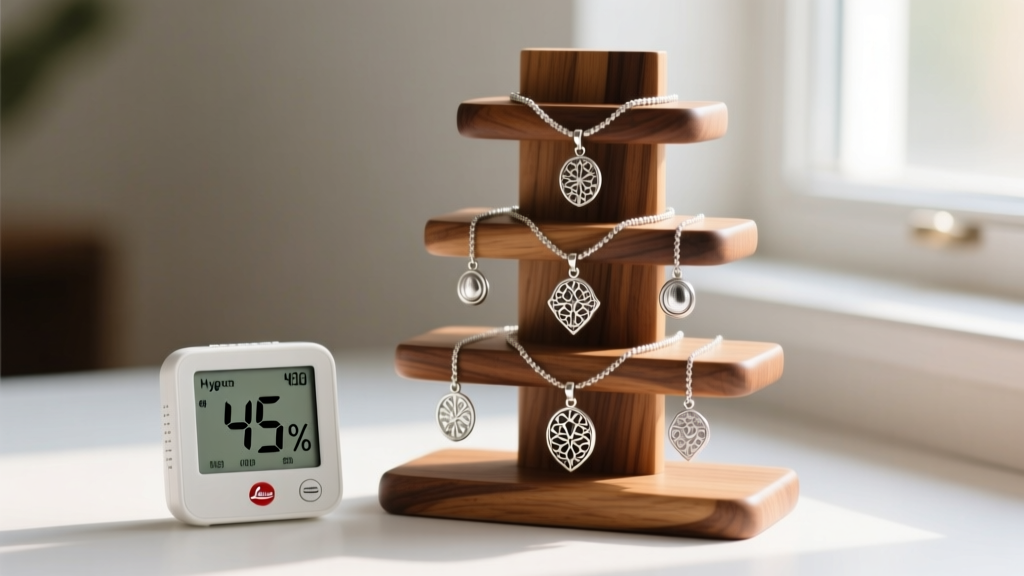 Digital hygrometer reading 45 percent humidity next to a tiered oak wooden necklace holder adorned with delicate silver pendants.