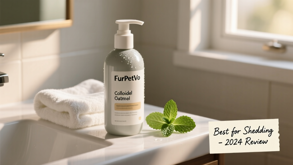Bottle of FurPetVo Colloidal Oatmeal Shampoo on a bathroom counter beside a soft washcloth and sprig of mint
