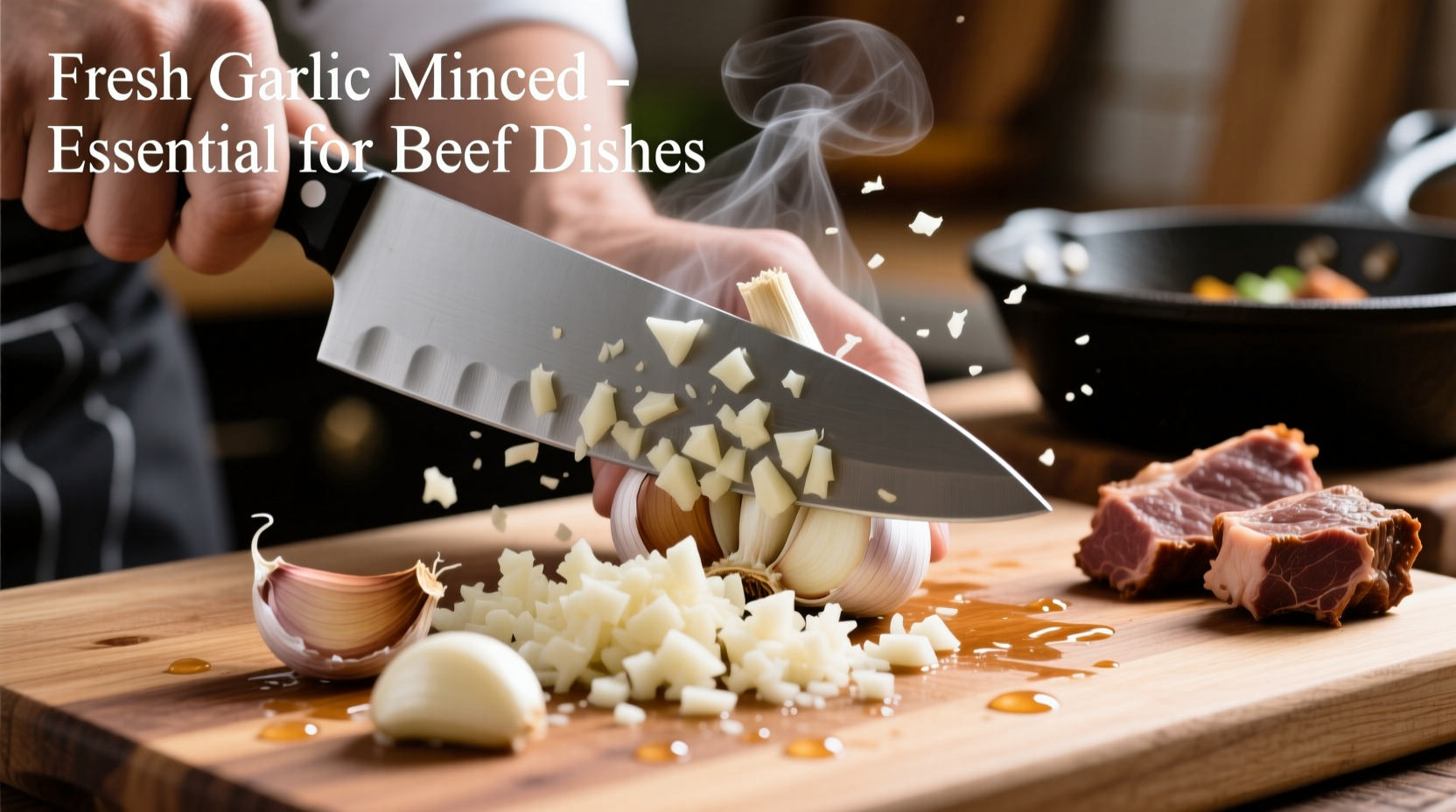 Fresh garlic cloves being minced for beef dish