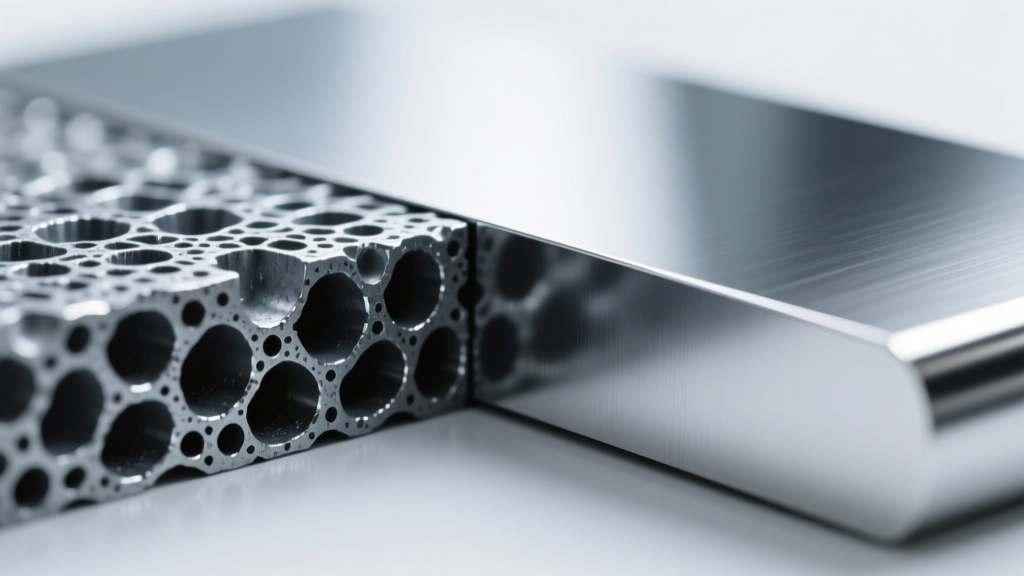 Cross-section diagram comparing the porous surface of cheap steel to the mirror polish of ASTM F136 titanium under a microscope