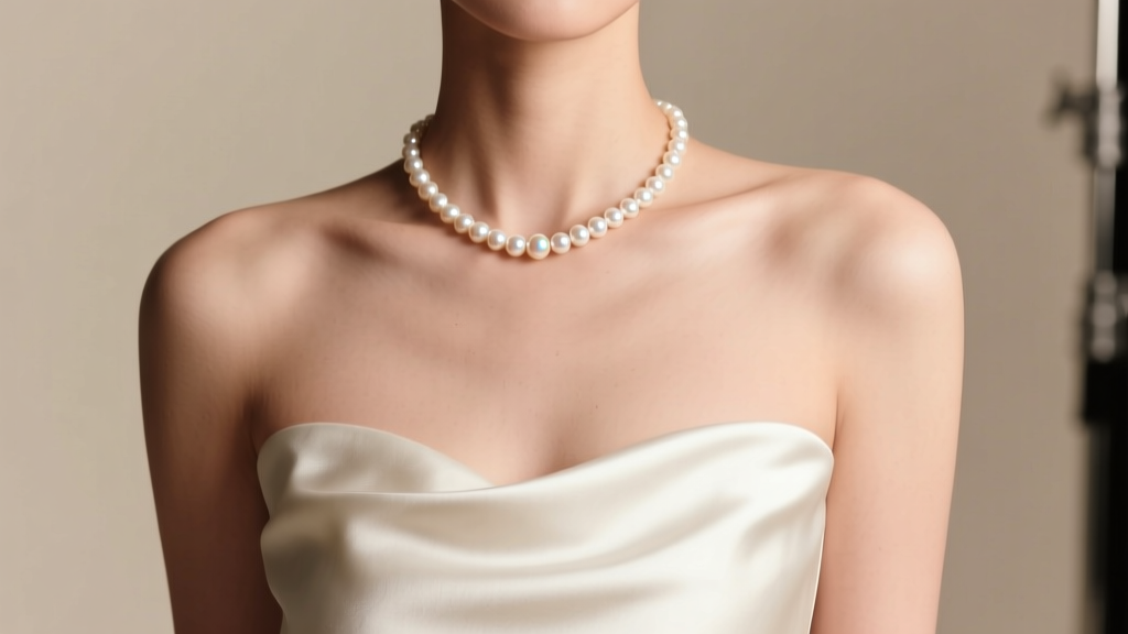 Akoya pearl matinee necklace draped over bare collarbones of a model in a white silk strapless gown under soft studio lighting.
