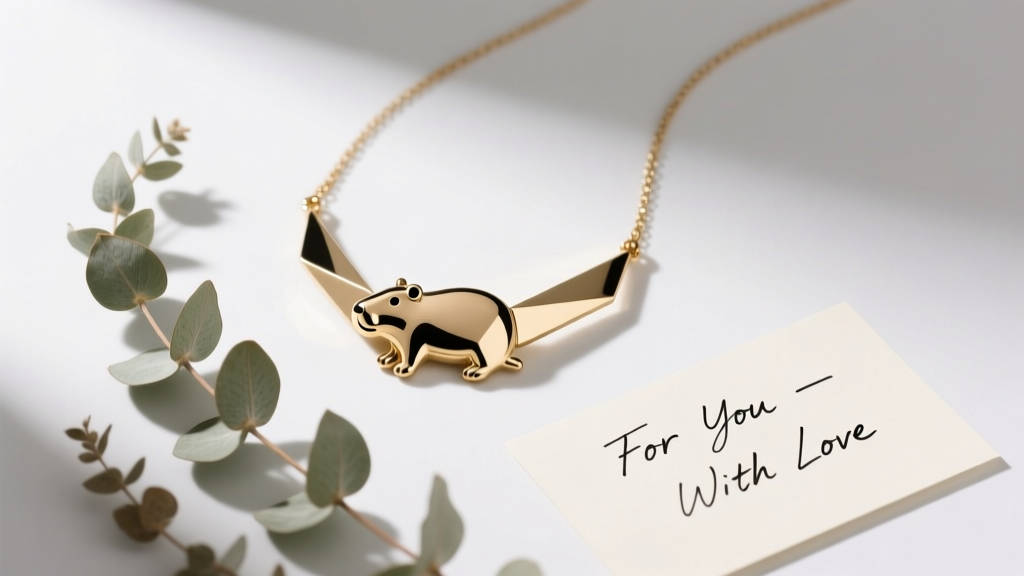 Flat lay gift box with a minimalist brass capybara necklace, dried eucalyptus, and a handwritten note, photographed from above.