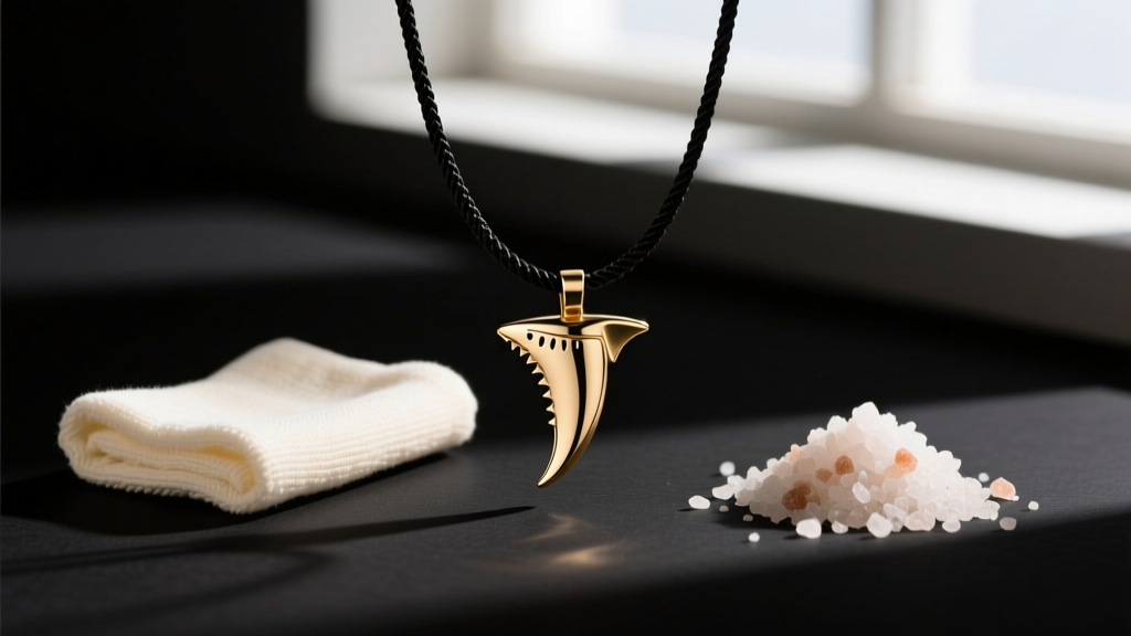 Flatlay of a brass shark tooth necklace on a black wax cotton cord, beside a soft polishing cloth and natural sea salt.