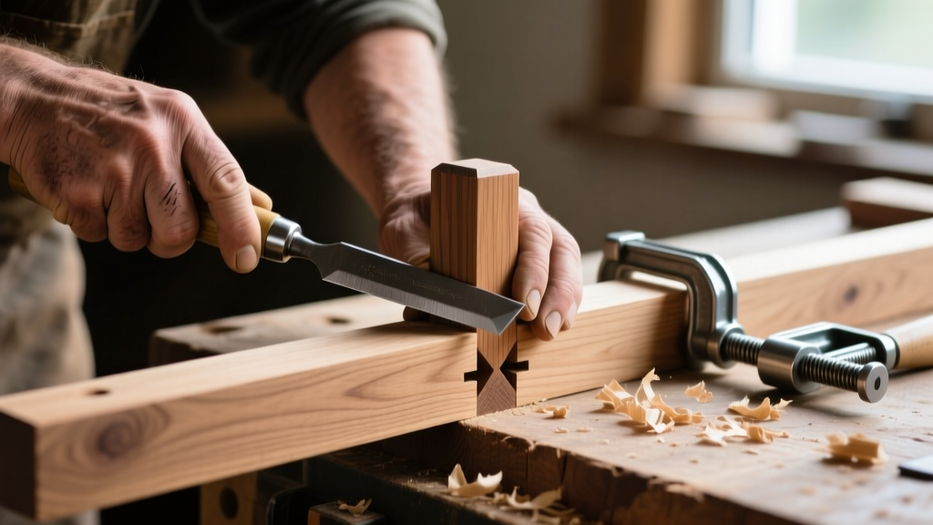 Close-up of a craftsman assembling a precise mortise and tenon wood joint on an oak workbench with chisels and clamps nearby