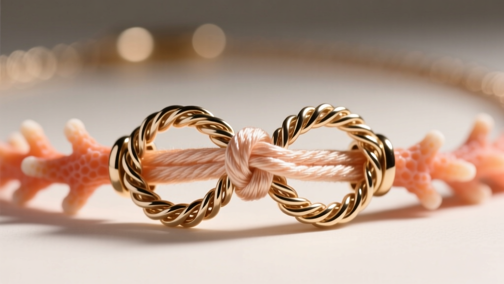 Close-up of a salmon coral necklace clasp using French wire bullion guards to protect the pure silk knotting thread from abrasion.