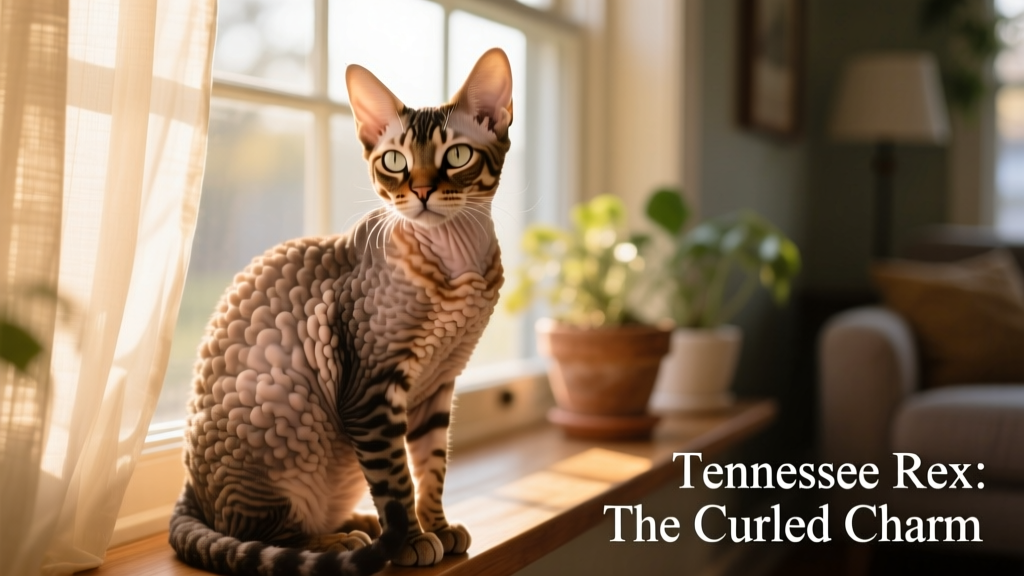 a close up of a Tennessee Rex cat sitting in front of a window