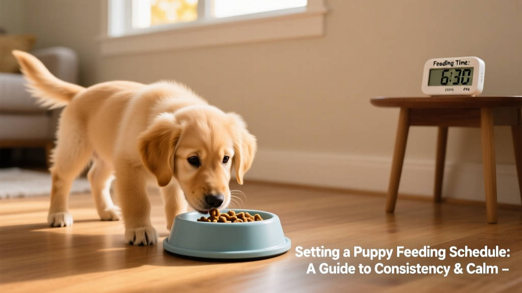 A calm, focused puppy eating from a non-slip bowl during a scheduled feeding time in a quiet home setting