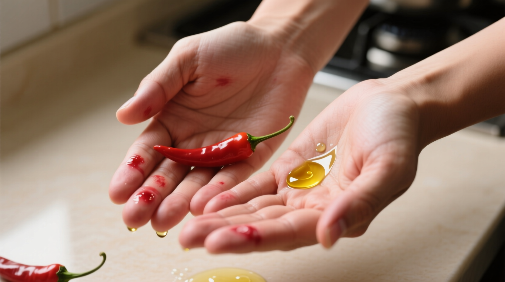 Hands under running water after chopping jalapeños, visible redness on fingertips and palm