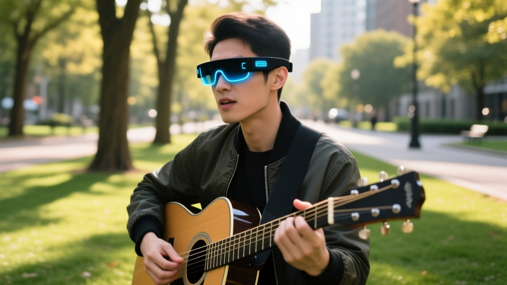 Street musician playing an acoustic guitar in a sunny park wearing sleek black AR smart glasses with a glowing blue heads-up display
