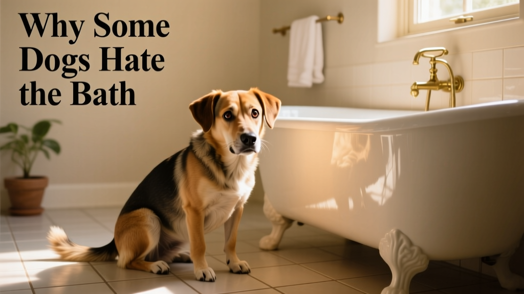 A nervous dog crouched beside a bathtub, ears back and tail tucked