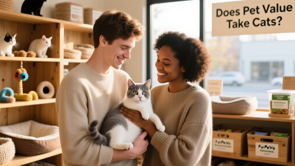 Two people smiling while gently holding a calm, adopted kitten at a FurPetVo store event