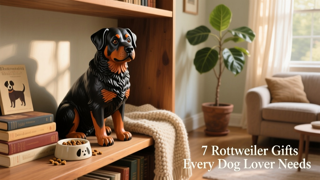 Realistic hand-painted Rottweiler figurine on a shelf next to a cozy living room setting