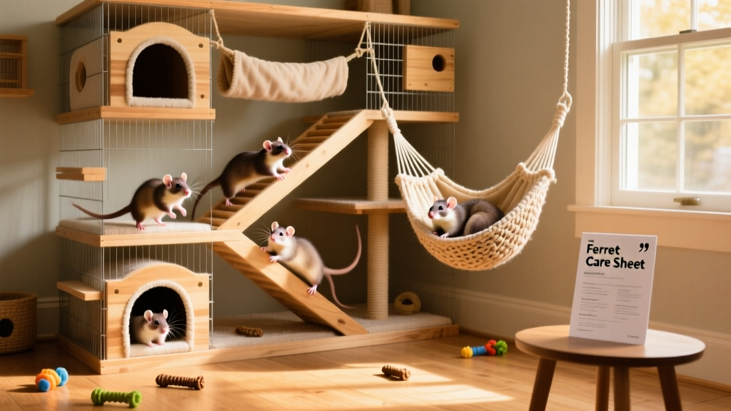 A spacious, multi-tiered ferret cage with ramps, tunnels, and a hammock