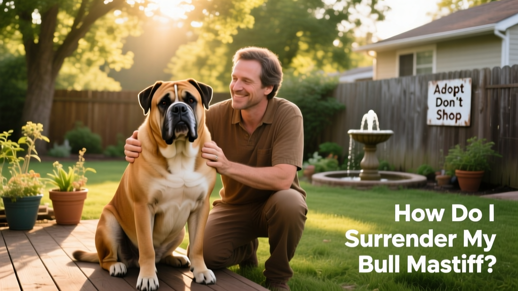 A calm, well-groomed Bull Mastiff sitting beside a friendly adult in a sunlit backyard