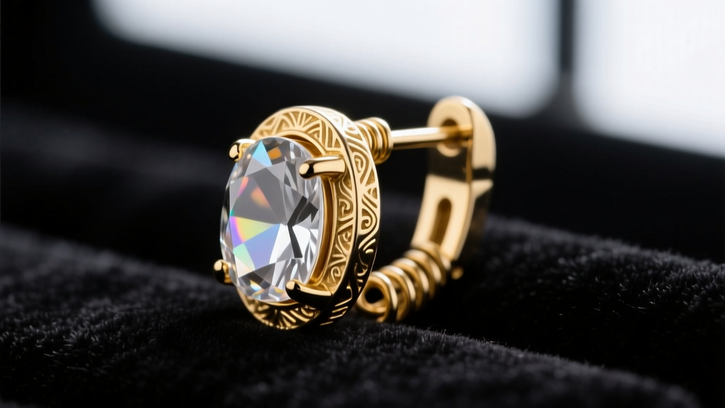 Macro shot of a gold-tone clip-on earring on dark velvet, highlighting the spring mechanism, acrylic gem, and detailed metalwork.