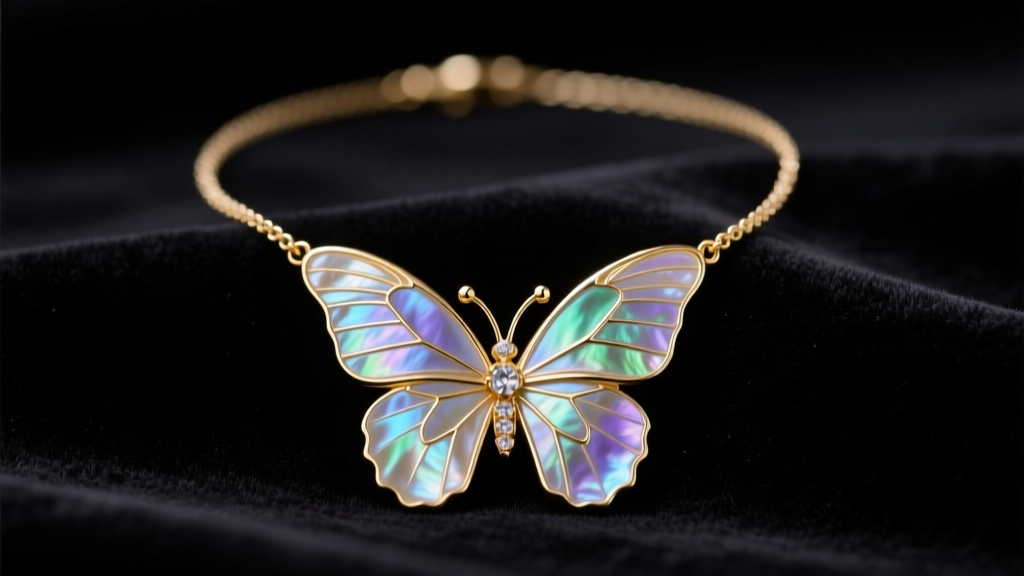 Mother of pearl butterfly necklace on dark velvet, highlighting iridescent nacre wings and a delicate 14k gold bezel setting.