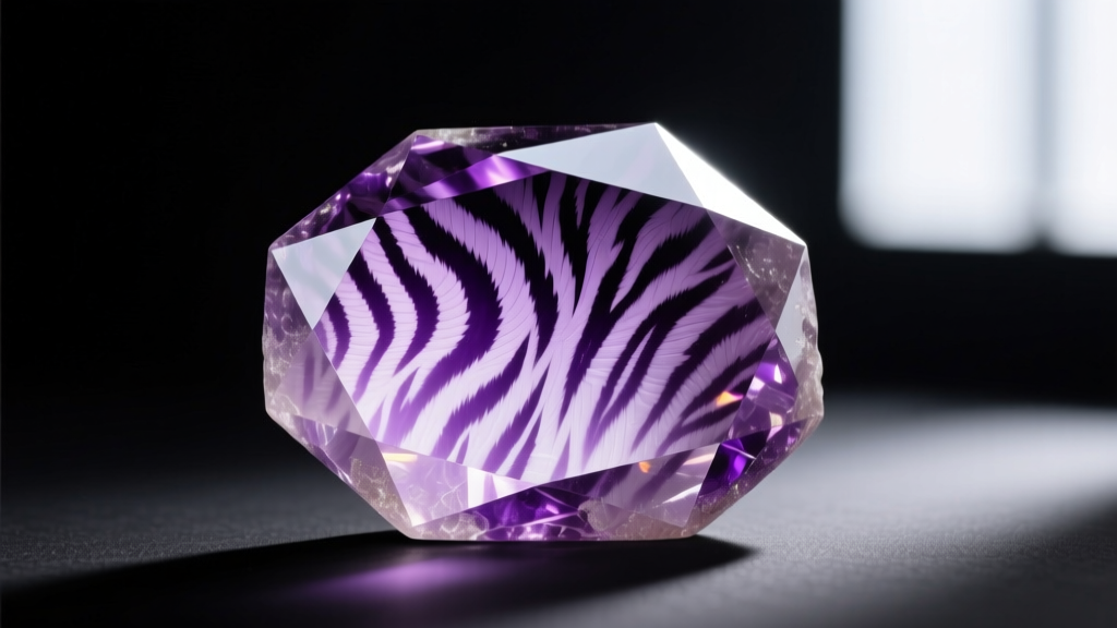 Gemological microscope view of natural amethyst crystal jewelry showing tiger stripe inclusions and angular color zoning patterns.
