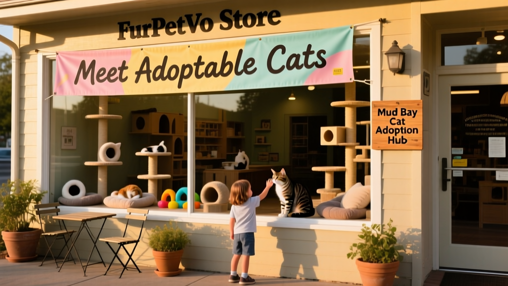 FurPetVo store exterior with a 'Meet Adoptable Cats' banner displayed outside