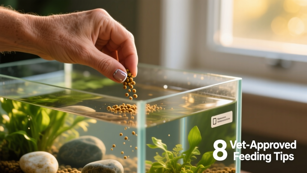 Close-up of a hand sprinkling a precise, pea-sized portion of fish food into a clean, well-maintained aquarium