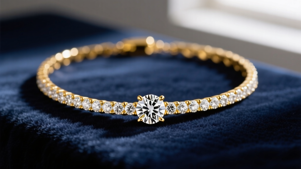 Close-up of a delicate 14k yellow gold station diamond necklace on dark navy velvet, highlighting small bezel-set melee diamonds.