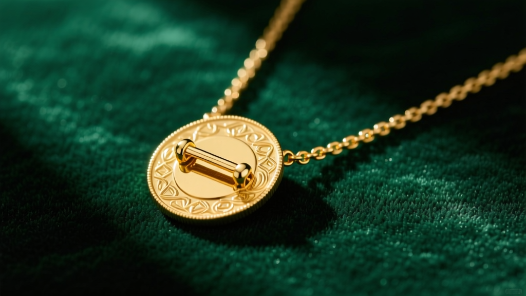 Flat lay of a 14k yellow gold coin toggle necklace on dark emerald velvet, soft lighting highlighting the textured medallion clasp