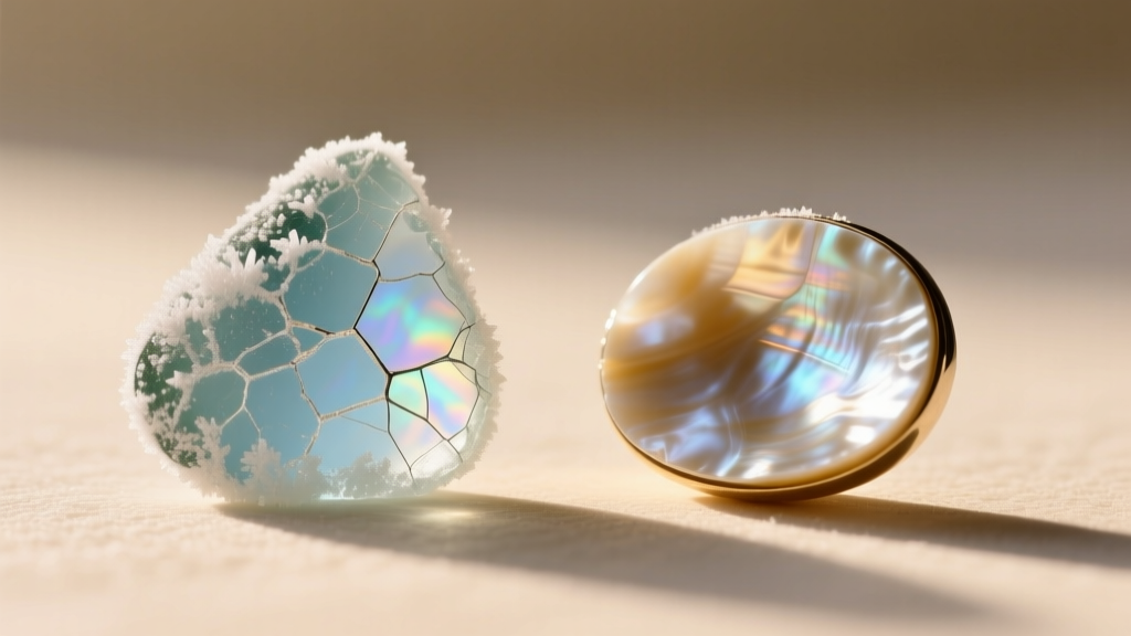 Macro of frosted sea glass and mother of pearl cabochons in sunlight, showing distinct surface textures and natural ocean frosting
