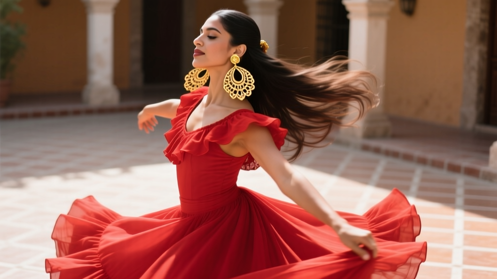 Vibrant Ballet Folklorico dancer in a red dress spinning, wearing large lightweight gold-filled filigree drop earrings in motion