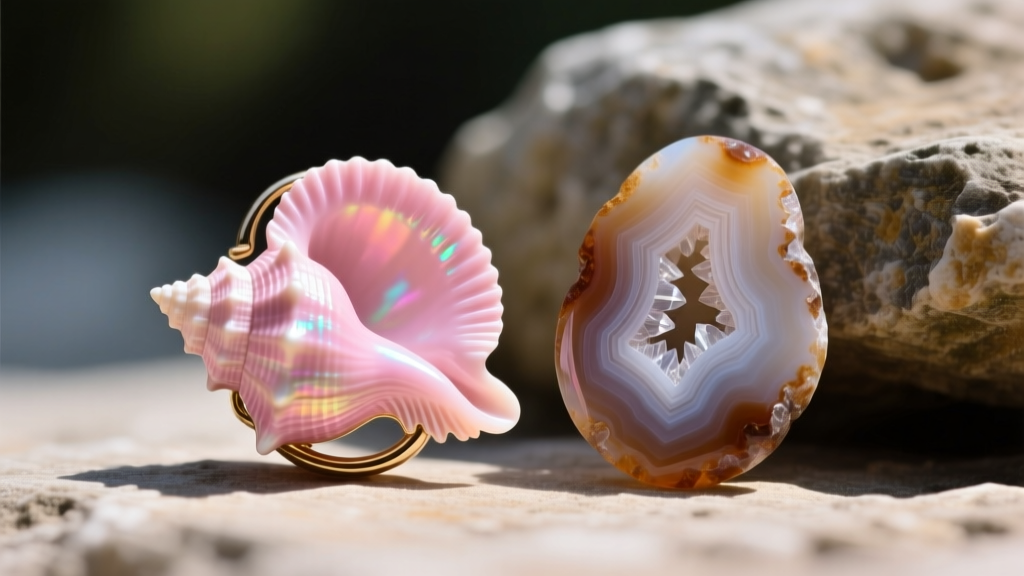 Macro shot of a pink conch shell cameo beside an agate cameo, showing carved undercut details and distinct natural stone layers