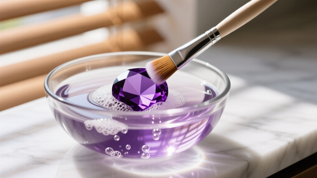 Macro shot of a soft brush cleaning a purple amethyst cabochon in a glass bowl of soapy water under bright natural window light