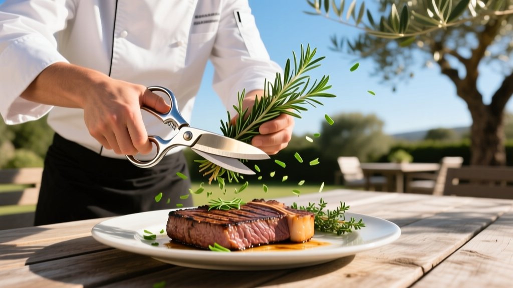 Chef using multi-blade stainless steel herb shears to cut fresh rosemary and thyme over a grilled steak platter on a sunny outdoor dining table