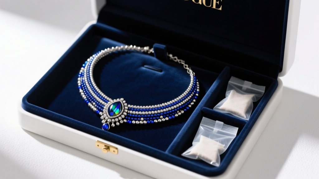 A neatly organized jewelry box containing a beaded Naboo royal court necklace replica, stored with anti-tarnish silica packets.