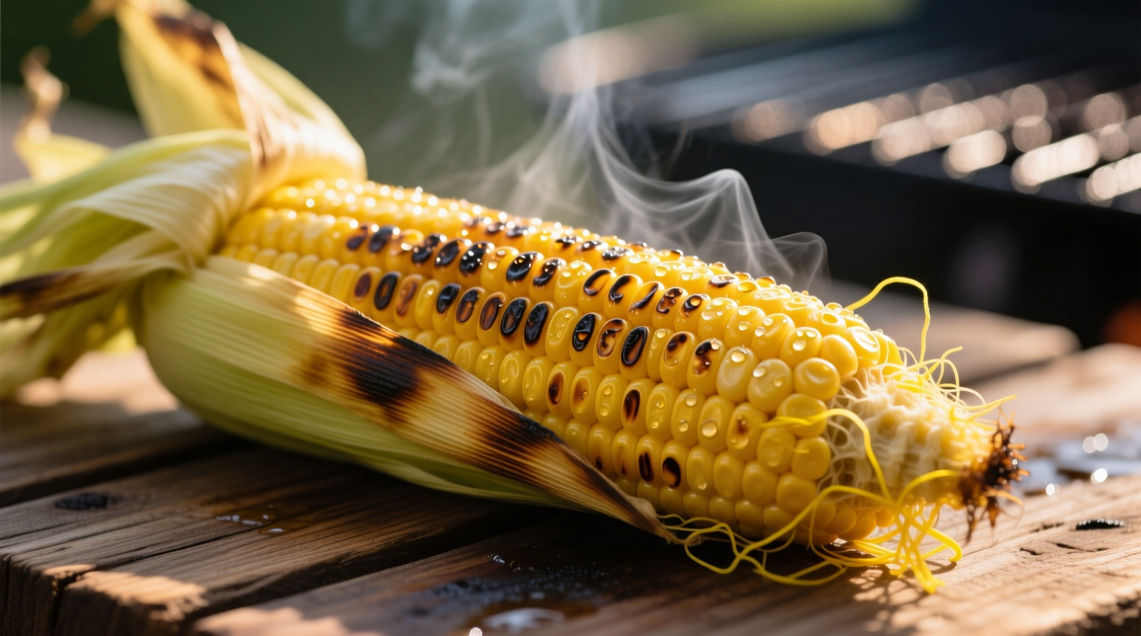 Fresh grilled corn on cob with husk partially removed