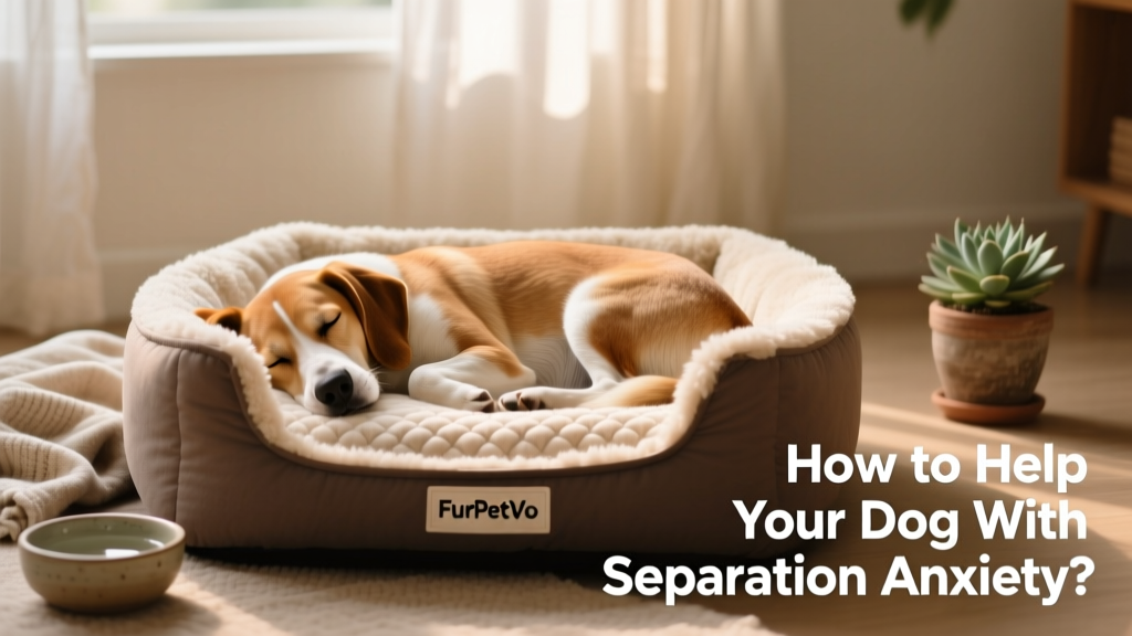 A happy, relaxed dog napping peacefully in a crate lined with a FurPetVo calming mat, surrounded by soft lighting and quiet surroundings