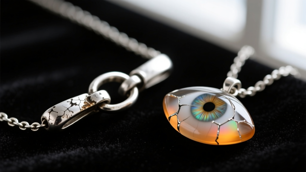 Magnified view of a tarnished sterling silver necklace clasp and a chipped resin eye pendant, highlighting jewelry wear and tear.
